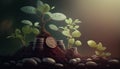 Growing plants on coins stacked on green blurred backgrounds and natural light with financial ideas. Generative ai