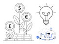 Growth Concepts with Currency Plants, Light Bulb Idea, and Robot Automation Visual Elements Royalty Free Stock Photo