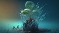 growing plants, sprouts sprouting a newborn plant, light blue splashes of water. generative AI