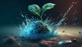 growing plants, sprouts sprouting a newborn plant, light blue splashes of water. generative AI