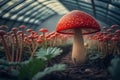 Growing row of organic poisonous red mushrooms, fly agaric in greenhouse on farm. Mushroom cultivation, gardening, science
