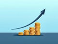 Growing Stack of Coins with Upward Blue Arrow Royalty Free Stock Photo