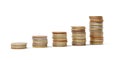 Growing stacks of coins over white background, money value, finance growth or currency business concept