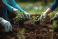 Growing Together: Dedicated Volunteers Planting Seedlings and Nurturing Nature\'s Promise, created with Generative AI