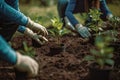 Growing Together: Dedicated Volunteers Planting Seedlings and Nurturing Nature\'s Promise, created with Generative AI