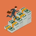 Growing wealth businessman running dollar flat isometric vector