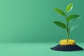 Growing wealth: plant emerging from coin on green background Royalty Free Stock Photo