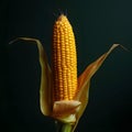 Growing yellow cob, corn with leaves, isolated on a dark background. Corn as a dish of thanksgiving for the harvest