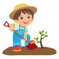 Growing Young Gardener. Cute Cartoon Boy With Shovel. Young Farmer Planting A Tree.