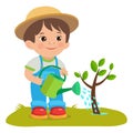 Growing Young Gardener. Cute Cartoon Boy With Watering Can. Young Farmer Working In The Garden. Royalty Free Stock Photo