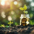 Plant growing out of a jar of coins Royalty Free Stock Photo