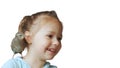 Grown up starling nestling sitting on shoulder of smiling little girl. Portrait of happy child isolated on white.