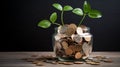 Growth Amidst Wealth: Sprouting Plant in Coin Jar Ai generated