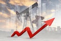 Growth chart with an arrow and an increase in crude oil production prices on the exchange market. Oil pump against the backdrop of