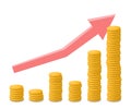 Growth chart with gold coins. Growing stacks of gold coins with going up graph. Making money concept