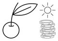 Growth Concept with Cherry, Sun, and Coin Stack Representing Agriculture, Sustainability, and Wealth Royalty Free Stock Photo