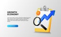 Growth economy and business for future and forecast concept with illustration of blue arrow, magnifying glass, golden coin