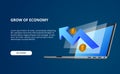 Growth economy by data with 3D illustration of perspective laptop computer and screen with blue bullish arrow and golden money