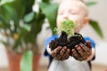 Growth at home gardening and learning botany concept. Young boy proudly holding seedlings and soil in hands