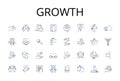 Growth line icons collection. Expansion, Development, Progression, Advancement, Improvement, Evolvement, Expansionism