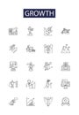 Growth line vector icons and signs. Increase, Advancement, Development, Augmentation, Amplification, Accretion