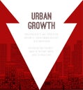 The growth of modern cities. Urbanization. Banner with red arrows, skyscrapers silhouettes and place for text. City landscape.