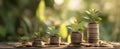 The growth of money represented by plants emerging from stacks of coins. AI generated image Royalty Free Stock Photo