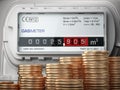 Growth of natural gas price. Savings of energy and energy efficiency concept. Gas meter with stacks of coins