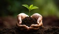 growth and nurturing, with hands delicately holding soil from which a plant is growing. Royalty Free Stock Photo