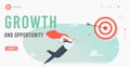 Growth and Opportunity Landing Page Template. Superhero Businessman Character in Red Cloak, Super Employee Fly to Target
