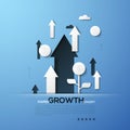 Growth paper concept. White silhouettes of arrows pointing upwards and dollar coins. Creative elements in simple style.