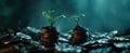 The growth of plants emerging from piles of coins in financial success context. AI generated image Royalty Free Stock Photo