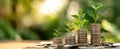 The growth of plants emerging from stacks of coins symbolizing financial prosperity. AI generated image Royalty Free Stock Photo