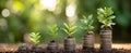 The growth of plants emerging from stacks of coins symbolizing financial success. AI generated image Royalty Free Stock Photo