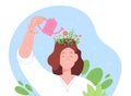 Growth positive think. Optimistic thinking, confident woman pouring flower in self head brain, fulfillment mental health