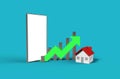 Growth real estate concept. Business graph with house and blank screen mobile phone. 3D Illustration