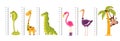 Growth ruler. Kids scale measuring with funny tall or long wild animals and birds. Cute giraffe and dinosaur. Pink