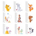 Growth Rulers with Cute Animal at Kids Height Meter Vector Set