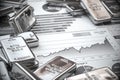 Growth of silver on stock market concept. Silver bar and ingots on chart of financial report Royalty Free Stock Photo