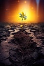 growth on small plant in dry soil, green seedling growing in barren drought dirt, new life and hope concept Royalty Free Stock Photo