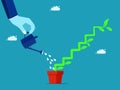 Growth stages or investments that grow. Businessman watering plants that grow as a ladder to success