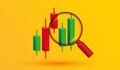 Growth stock diagram financial graph. candlestick with magnify glass trading stock or forex 3d icon vector illustration style