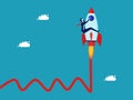 Growth in volatile conditions. Optimization for growth. Businessman riding a rocket overcoming graph uncertainty