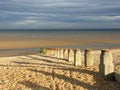 Groynes on Winchelsea Beach to stop the erosion by the tides and weather. Pebble beach with sea and sky landscape - East Sussex UK