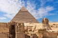 The Grreat Sphinx, ruins of the temple of Giza and the Puramid of Kafre, Cairo, Egypt Royalty Free Stock Photo