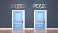 Grudge and peace as a choice - pictured as words Grudge, peace on doors to show that Grudge and peace are opposite options while