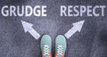 Grudge and respect as different choices in life - pictured as words Grudge, respect on a road to symbolize making decision and