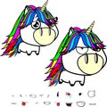 Grumpy big head unicorn cartoon expressions set