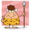 Grumpy Brunette Cave Woman Cartoon Mascot Character Standing With A Spear