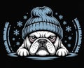 Grumpy Bulldog in Winter Hat with Snowflakes Royalty Free Stock Photo
